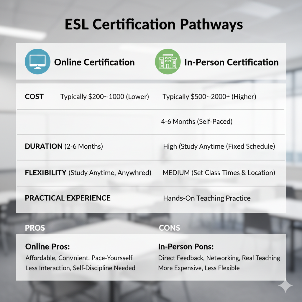 Chart comparing the pros and cons of online and in-person ESL certification, covering cost, duration, flexibility, and practical experience.